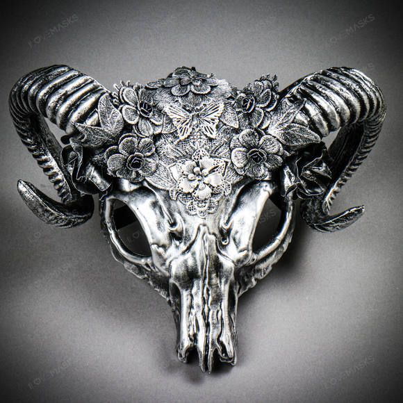 Antelope Devil Ram Horn Skull Ghost Masquerade Mask - Black Silver - Picture 1 of 9